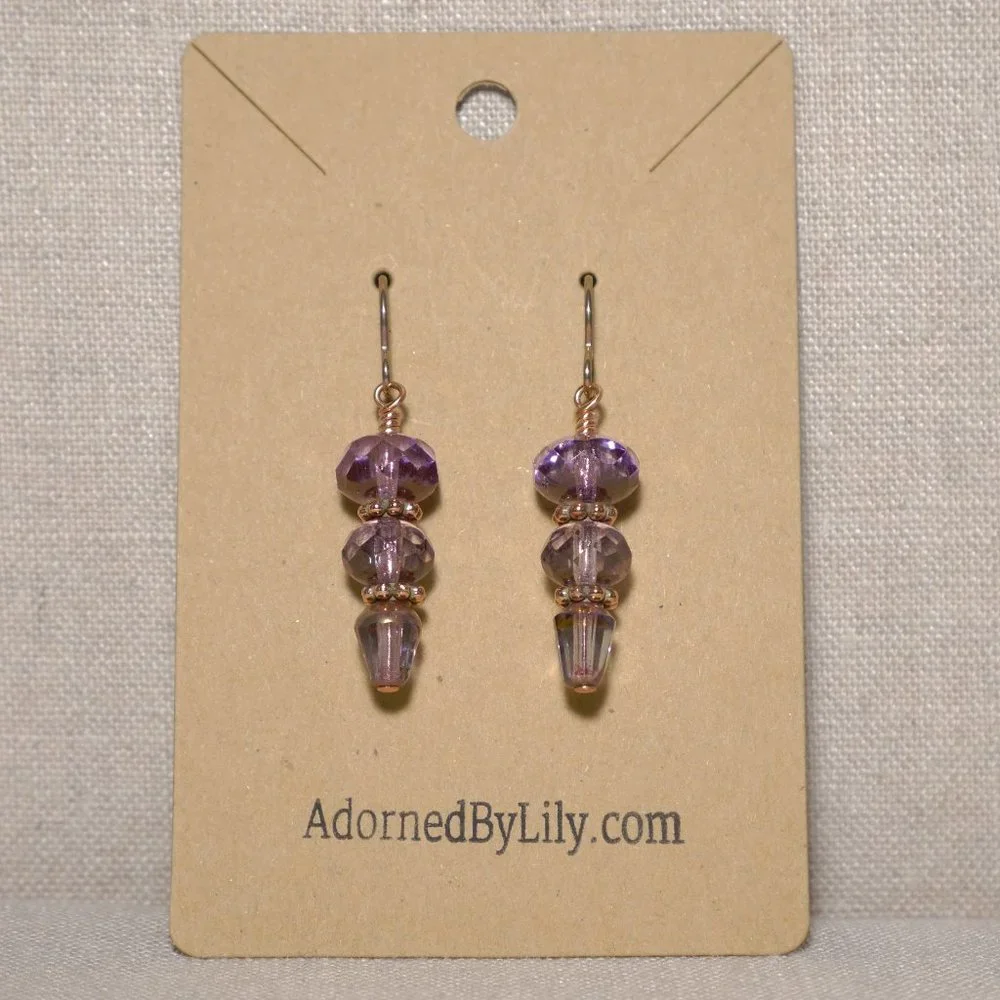 Hand Crafted Handmade Earrings Tanzanite Lavender Czech Glass Dangle Ear… - Picture 2 of 4